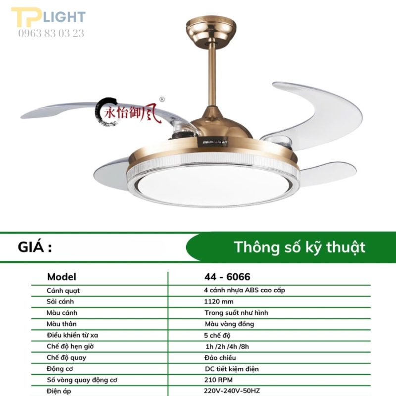 Quạt trần đèn giấu cánh thương hiệu Mountain Air QT-6066