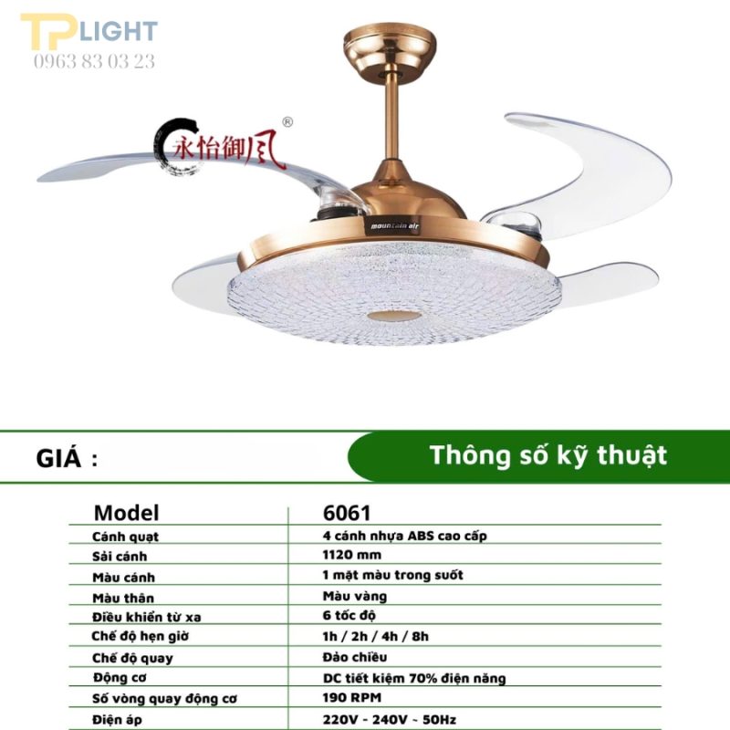 Quạt trần đèn giấu cánh thương hiệu Mountain Air QT-6061